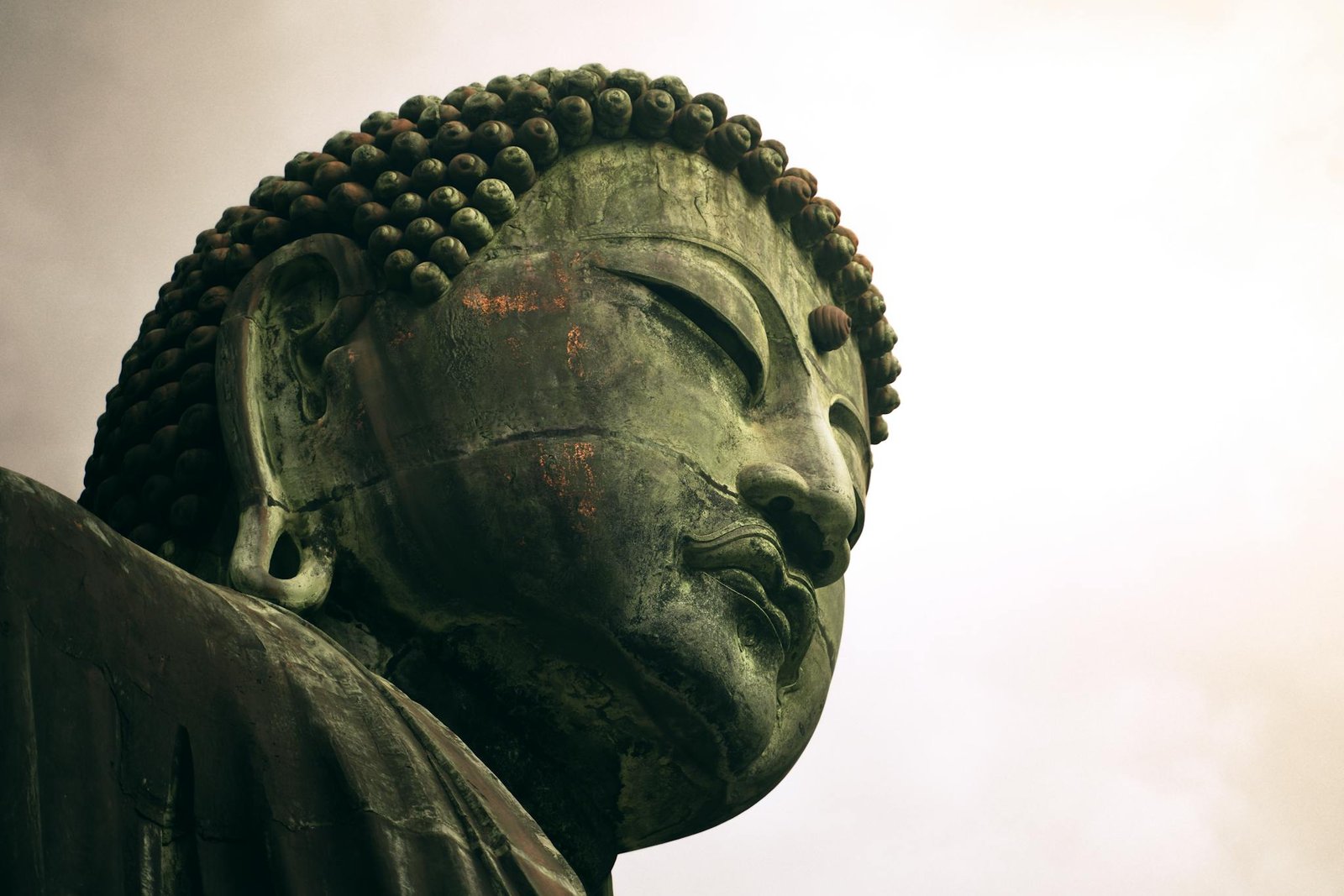 A serene close-up of a large Buddha statue with a peaceful expression captured from a low angle.